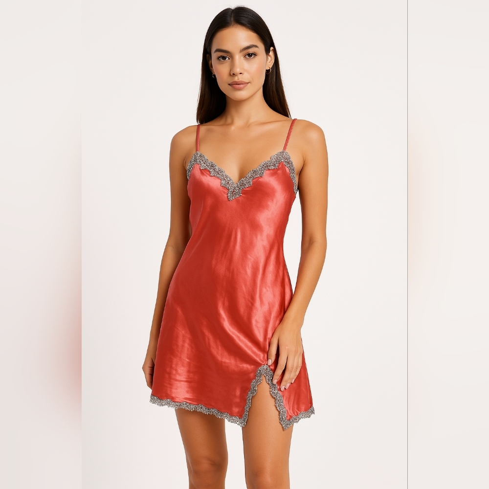 Victoria Secret Coral Pink Lace Satin Slip Chemise Dress~ RARE